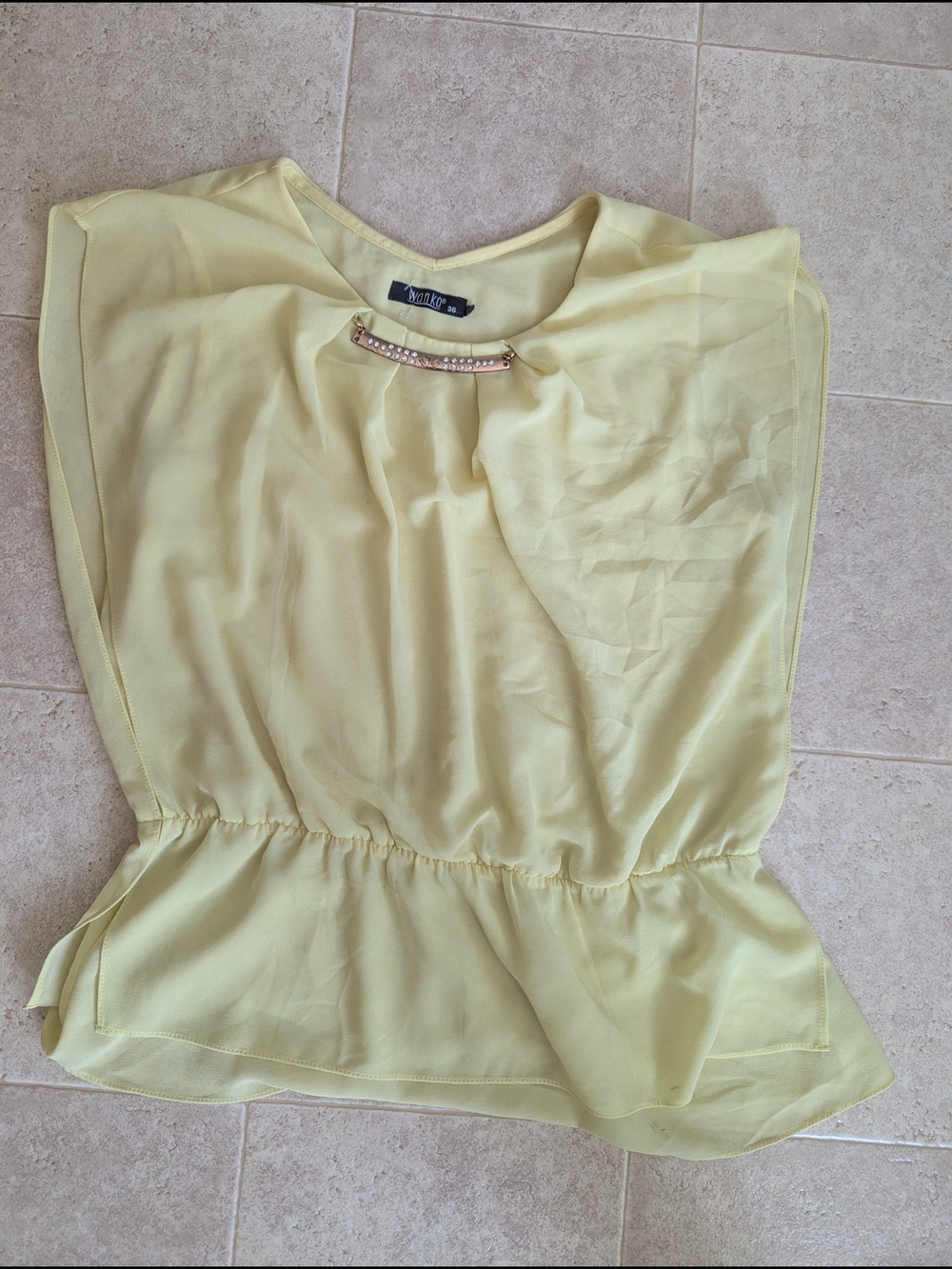 Yellow Chiffon Peplum Top with Removable Rhinestone Accent